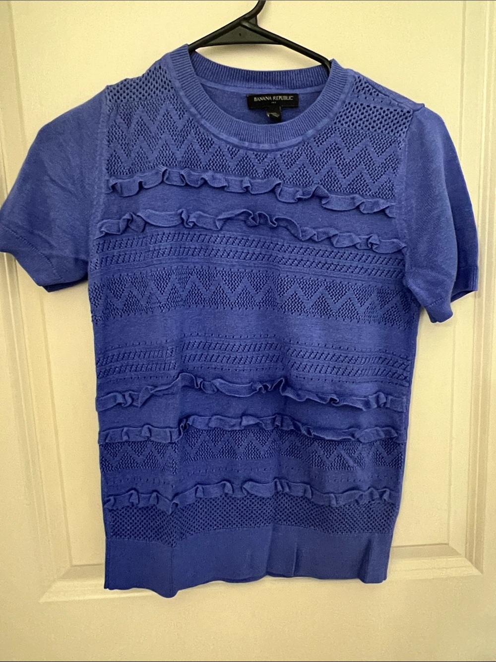 Banana Republic Blue Short-Sleeve Ruffle Knit Sweater